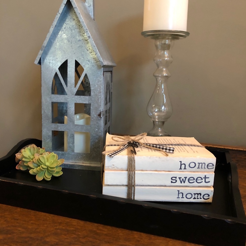 Hand stamped book stack - home sweet home